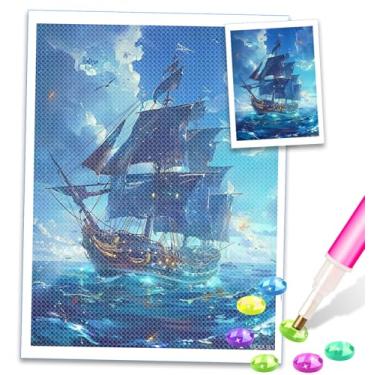 Imagem de MOER SKY Kits de pintura de diamante de navio pirata de viagem, conjunto de arte de ponto cruz de diamante de círculo completo divertido DIY para artesanato adulto decoração de banheiro decoração de