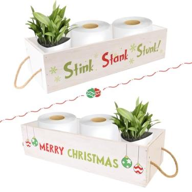 Imagem de flangairy Caixa de armazenamento de madeira para decoração de banheiro de Natal, placa dupla face Merry Christmas Stink Stunk Stank, suporte de papel higiênico engraçado, bandeja de tanque de madeira