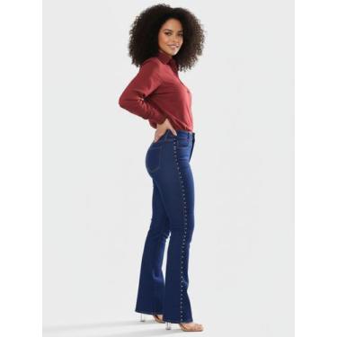 Imagem de Calça Feminina Flare Jeans Escuro com Strass Lateral - Pthirillo, 40, 
