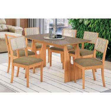Imagem de Conjunto Sala de Jantar Mila Premium Madeira Maciça c/ Tampo Madeirado c/ Vidro 160x90cm e 6 Cadeiras Lola Carvalho/Freijo Bronze - Boucle Bege Fendi-