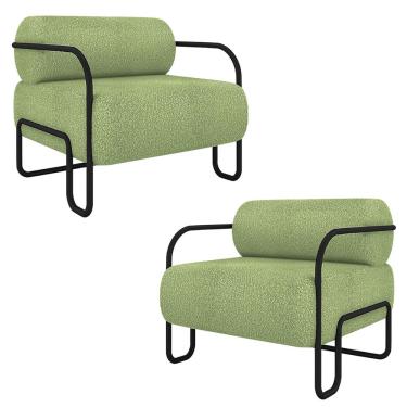 Imagem de Kit 2 Poltronas Decorativas Sala de Estar Polatsk Base Industrial de Ferro Bouclê Verde Oliva G33 - Gran Belo