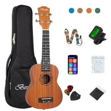 Imagem de Besyou Ukulele de concerto para iniciantes em mogno ukelele kit com sintonizador Gig Bag alça de corda de nylon carbono palhetas pano escolha de presente (Mogno, 21)