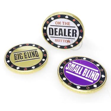 Imagem de Kit 3 Fichas de Poker em Metal de Luxo para Posição no Pôquer + Estojos (DEALER + BIG BLIND + SMALL BLIND)
