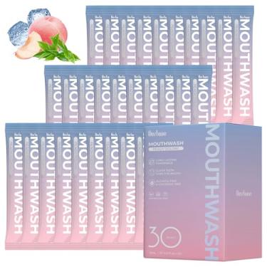 Imagem de Enxaguante bucal tamanho viagem pacote com 30, mini enxaguante bucal sabor pêssego tamanho viagem para hálito fresco, hotéis embalados individualmente, produtos de higiene pessoal portátil tamanho