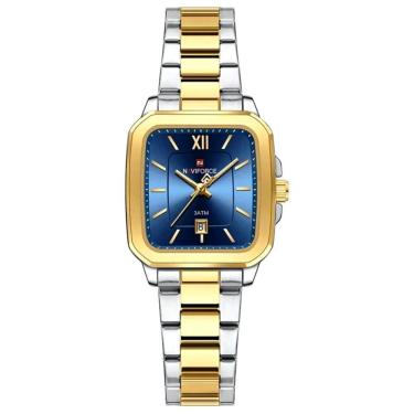 Imagem de Relógio De Quartzo Feminino Casual Mostrador Quadrado Pulseira Em Aço Inoxidável Impermeavel Azul Dourado