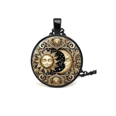 Imagem de 1 colar com pingente redondo deslumbrante - padrão exclusivo de sol e lua, mosaico de vidro estilo pintura a óleo, estrutura de liga, corrente de suéter moderno, presente moderno para mulheres