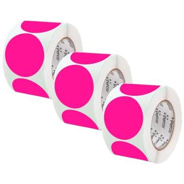 Imagem de Perco Etiquetas adesivas fluorescentes rosa perfuradas de 10 cm - 3 rolos, 1.200 adesivos redondos - com adesivo permanente para avisos de segurança, etiquetagem de equipamentos, sinalização de