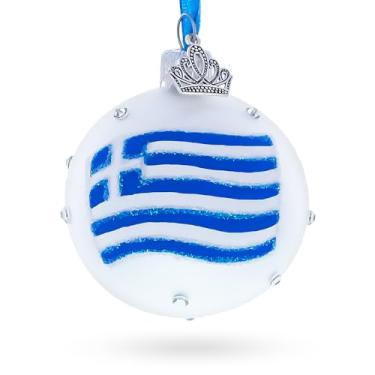 Imagem de Bandeira grega e escrita "Grécia" com detalhes de cristal em bola de vidro branco fosco enfeite de Natal