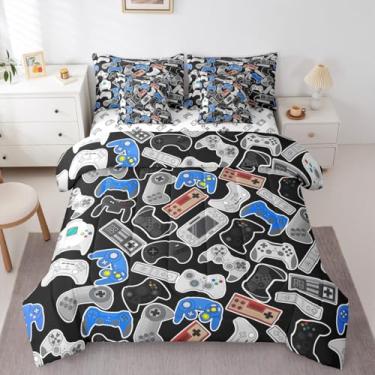 Imagem de Erosebridal Conjunto de edredom infantil solteiro com lençol de 7 peças, para decoração de quarto de meninos e adolescentes, azul, preto, videogame, conjunto de cama em uma bolsa, gamepad