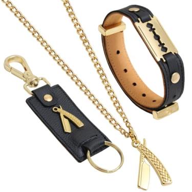 Imagem de GRANADO ACESSÓRIOS, Kit Pulseira de Lâmina Barbeiro Colar Navalhete Chaveiro Dourado - AM