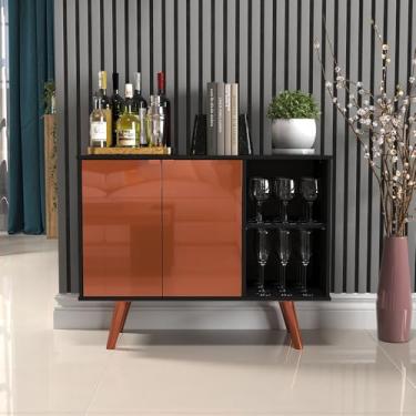 Imagem de Aparador Buffet Balcão 2 Portas e 2 Nichos Retrô para Sala de Jantar Cantinho do Café,buffet|bar|carrinho de bar(Preto com Cobre)