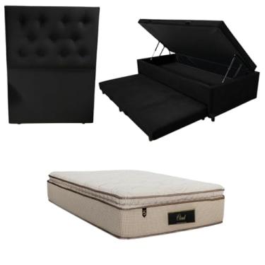 Imagem de Cama Box Baú Solteiro com Auxiliar (Bicama) + Colchão Cloud Molas Ensacadas C/Pillowtop 32cm | Kit Completo com Cabeceira Botonê Opcional | Diversas Cores (3, SUEDE PRETO, COM CABECEIRA)