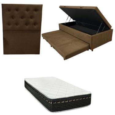 Imagem de Cama Box Baú Solteiro com Auxiliar (Bicama) + Colchão Eagle Molas Bonnel 22cm | Kit Completo com Cabeceira Botonê Opcional | Diversas Cores (3, SUEDE MARROM, COM CABECEIRA)