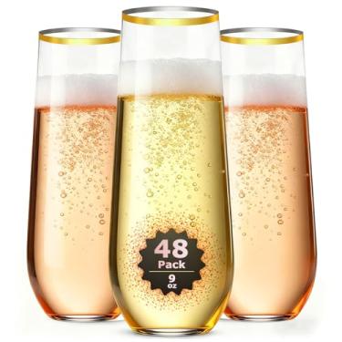Imagem de Taças de champanhe sem haste transparente com aro dourado de 255 g, pacote com 48 taças de champanhe de plástico