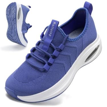 Imagem de Rollstep Tênis feminino de largura extra larga com amortecimento de ar, tênis de corrida ultraleve, academia, treino, treino, respirável, com suporte de arco, Azul, 11 Wide