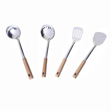 Imagem de Conjunto de utensílios de cozinha wok de 4 peças – ferramentas de aço inoxidável com alças resistentes ao calor, espátula wok de aço inoxidável, concha, conjunto de ferramentas de concha de