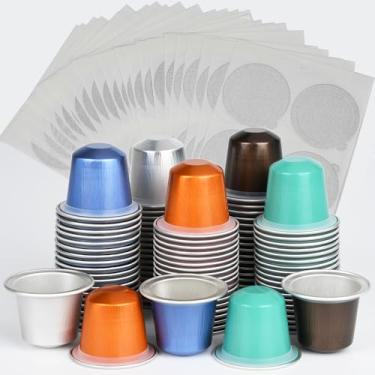 Imagem de 100 cápsulas de alumínio vazias descartáveis preenchíveis para cápsulas de café compatíveis com a máquina de linha original Nespresso, faça seus próprios filtros de xícaras de café expresso com tampas