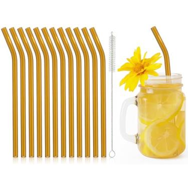 Imagem de 12 canudos de vidro reutilizáveis de 20 x 8 mm com escova de limpeza para chá, smoothies, milkshakes, sucos, bebidas (âmbar)