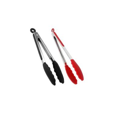 Imagem de Pegador de Salada Multiuso em Inox e Silicone, 30 cm, com Trava Abre e Fecha, Cores Preto, Rosa e Vermelho, para Saladas e Grelhados