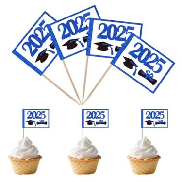 Imagem de TMHTMH 100 peças 2025 tema formatura cupcake palito bandeiras, mini 2025 graduação boné diploma cupcake festa decorações suprimentos, decoração de cupcake coquetel fruta (azul)
