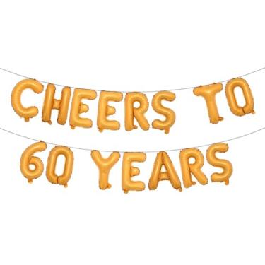 Imagem de Cheers to 60 Years Banner Foil 60º aniversário balão decorações de festa para ele/ela 60 anos decorações de aniversário suprimentos de festa de casamento para homens/mulheres (CHEERS TO 60 ANOS