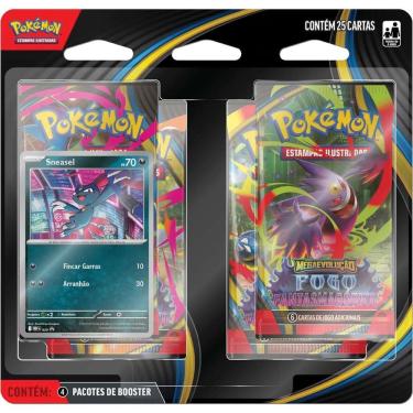 Imagem de Blister Quadruplo Pokémon Me02 Fogo Fantasmagorico Sneasel Copag 25 Cartas