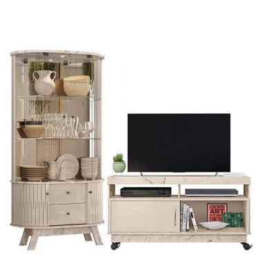 Imagem de Rack Bancada Artur Com Cristaleira Moss Calacata Off White - Madetec