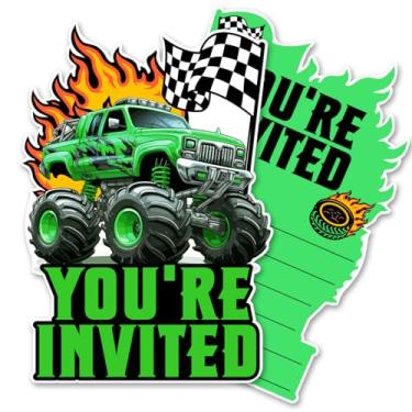 Imagem de QYCFDXD Convites de festa temáticos Monster Truck com envelopes, conjunto de 20 convites em forma de caminhão monstro aniversário chá de bebê convites suprimentos lembrancinhas, dupla face (verde)