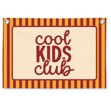 Imagem de STHTTSW Decoração de quarto de meninos, faixa de lona de linho de clube infantil legal, tapeçaria de parede listrada laranja, decoração de sala de jogos, bandeira de parede para quarto de crianças