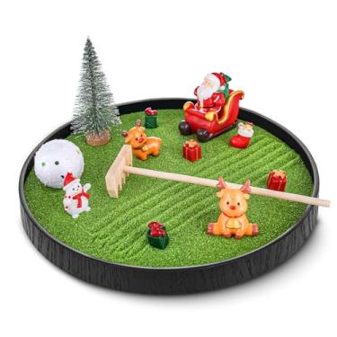 Imagem de Kit de jardim Zen de Natal para mesa de 20 cm redondo mini jardim zen com acessórios, bandeja de areia para decoração de Natal de mesa, presentes de decoração de férias ideais para família e amigos