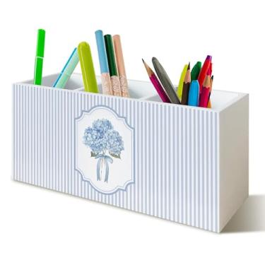 Imagem de YTRGI Organizador de lápis de hortênsia para mesa, presentes de hortênsias, suporte de utensílios de maquiagem de cozinha de hortênsias, laço azul e branco, placa de madeira floral para decoração de