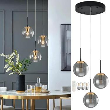 Imagem de KoKo&Yukina Globo de 3 luzes dourado pingente de globo moderno lustre luminária pendurada ajustável com luzes pendentes de vidro cinza ilha cozinha