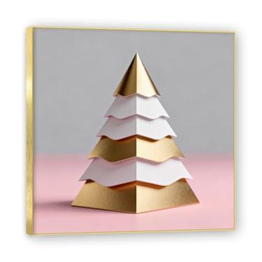 Imagem de Moldura dourada. Arte moderna de presente de Natal, arte geométrica de árvore rosa empoeirada e dourada, tela emoldurada pronta para pendurar para uma casa de férias elegante. A26. 70 x 70 cm - 27,5 x