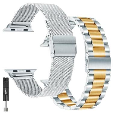 Imagem de BDJXCUSA Pacote com 2 pulseiras de relógio Apple para mulheres e homens, pulseira de metal dourada prateada para Apple Watch séries 11, 10 de 42 mm, substituição para iWatch 9, 8, 7, 6, 5, 4, 3, 2, 1