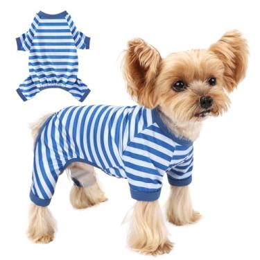 Imagem de Pijama para cachorro, macacão elástico para filhotes, pijama listrado confortável, roupa leve e macia para filhotes, roupas de cachorro para meninas e meninos pequenos