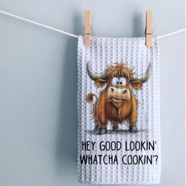 Imagem de Hey Good Lookin' Whatcha Cookin'? Toalha de cozinha - Ditado engraçado de vaca decoração de casa - Toalhas de cozinha macias e absorventes - Presente de inauguração de casa - Toalha de prato hilária