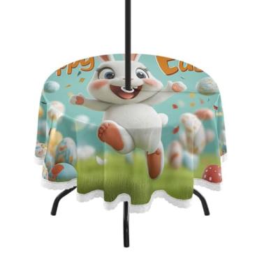 Imagem de Blueangle Toalha de mesa redonda de coelhinho da Páscoa de 152 cm impermeável ao ar livre com orifício para guarda-chuva - Tecido resistente para todos os climas à prova de sol para pátio, acampamento