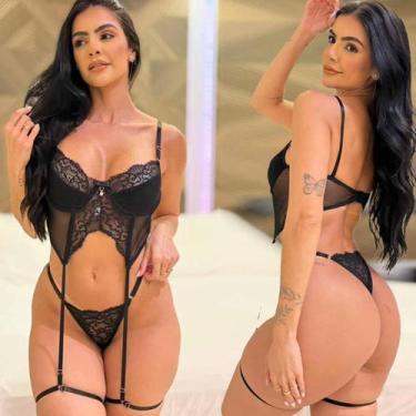 Imagem de Conjunto Com Cinta Liga Tule Luxuria Secreta Tamanho:GGCor:Preto - Lik