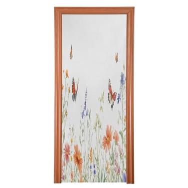 Imagem de Wassud Capa de porta grande em aquarela com flores silvestres desenhadas à mão 96 x 98 polegadas, faixa elástica para porta interna para varanda e porta da frente