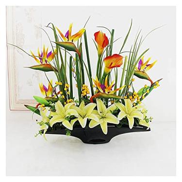 Imagem de LMJYU Flores artificiais, plantas artificiais de 60 cm, arranjos florais artificiais, flor de lírio falsa com vaso de cerâmica, conjunto de plantas artificiais usado para decoração