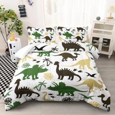 Imagem de Nttopship Conjunto de edredom King com desenho de dinossauro, 3 peças, estampa de dinossauro verde, para quarto, microfibra macia, todas as estações, conjunto de colcha com 1 edredom e 2 fronhas