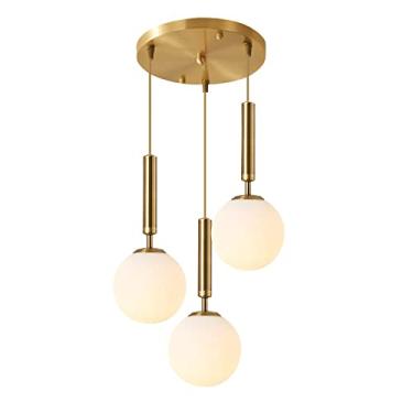 Imagem de Luminária pendente de 3 lâmpadas em estilo meados do século XX, com globo dourado, lustre grande de vidro branco leitoso, luminária pendente moderna para cozinha, sala de estar e sala de jan