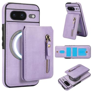 Imagem de Carteira removível compatível com carregamento sem fio Magsafe para Google Pixel 8 com suporte para cartão, bolso com zíper, suporte 2 em 1 capa à prova de choque (roxa)