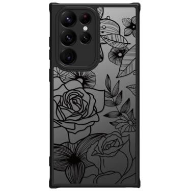 Imagem de Dumkery Capa de flores fofas compatível com Samsung Galaxy S22 Ultra, estampa floral de arte de linha preta estética feminina, policarbonato rígido, antiarranhões, capa de proteção resistente para