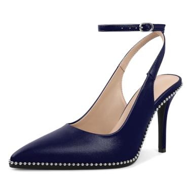 Imagem de Soireelady Sapato feminino de salto alto com contas, bico fino, salto alto, tira no tornozelo, sapato social de 8,5 cm, Azul-marinho fosco, 39