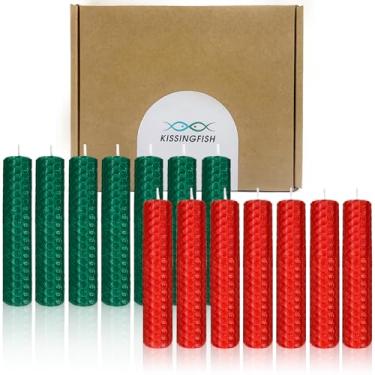 Imagem de Velas cônicas curtas de cera de abelha, pacote com 14, varas curtas de 12,7 cm, tempo de queima de 2 horas, vermelho e verde