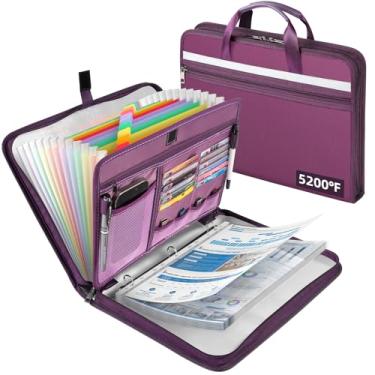 Imagem de Organizador de documentos à prova de fogo de 2,871 °C com 13 pastas expansíveis sanfonadas, fichário com zíper de folha de alumínio com 30 protetores de folha A4/letras, fichário para escola