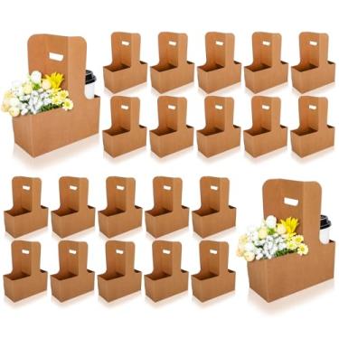 Imagem de Whaline Sacos de presente de flores Kraft, 60 unidades, porta-bebidas com alça para 2 xícaras, caixa de embalagem floral, marrom, suporte de papel, cestas para artesanato, casamento, dia dos namorados