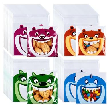 Imagem de LTGICH 400 unidades de sacos de petiscos de monstro autoadesivos, saco transparente de celofane, 10 x 10 cm fofo desenho animado de boca grande monstro padaria decoração saco de presente de chocolate