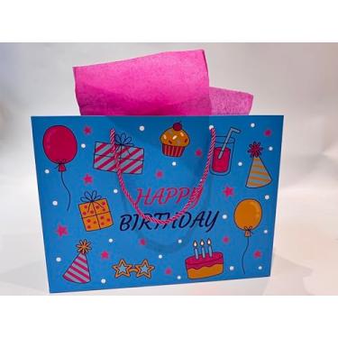 Imagem de Ssyuysto Bolsa grande de presente de aniversário azul para presente de feliz aniversário com etiqueta de presente de papel de seda, bolsa de presente de festa com alças de corda rosa choque para
